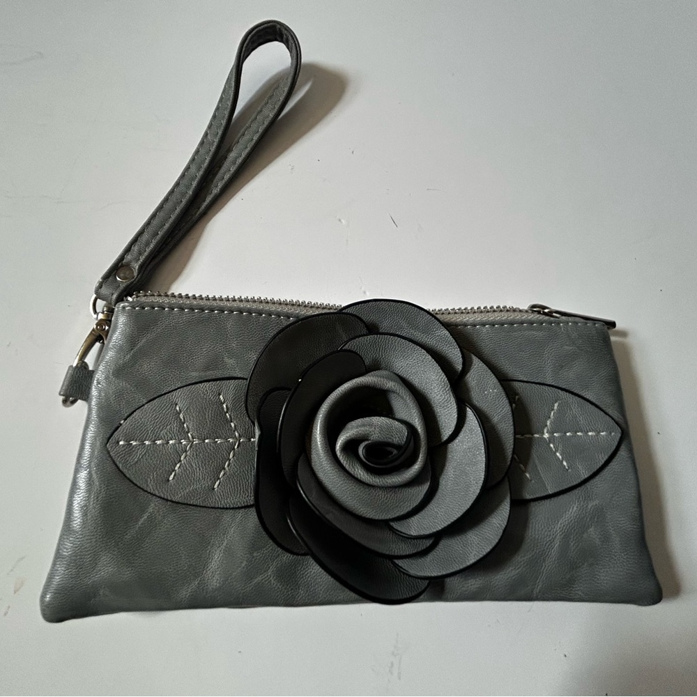 Rosette Elegant Gray Floral Clutch- zip top - never used